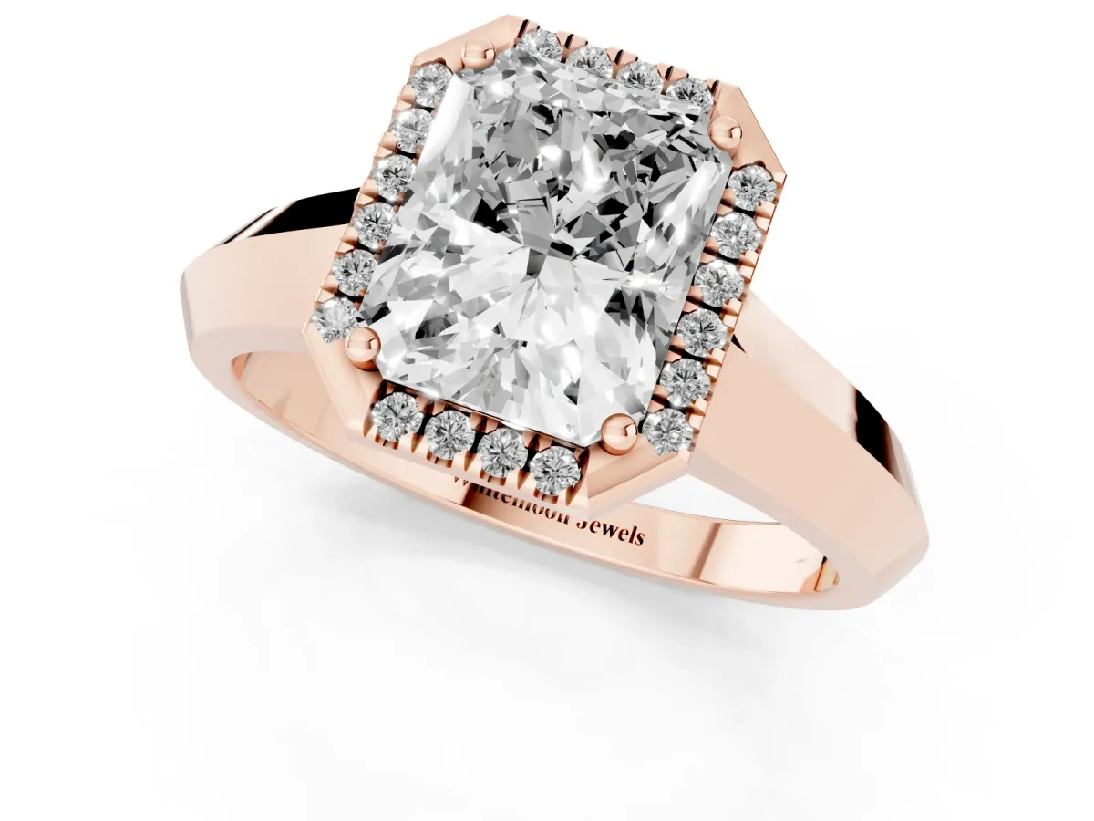 Radiant Cut Halo Diamond Ring with Cathedral Band and Four-Prong Setting Rose gold
