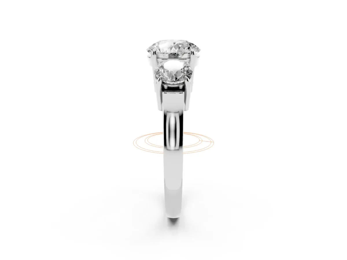 Three-Stone Round Cut Cut Diamond Ring with Round Accent Stones, Prong Setting, and Classic Band Silver