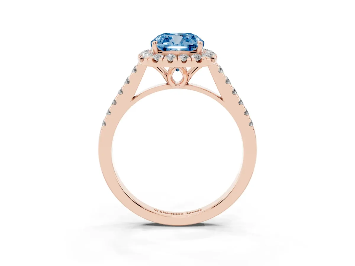 Fancy Blue Cushion Cut Halo Pavé Diamond Engagement Ring with Four-Prong Setting Rose gold