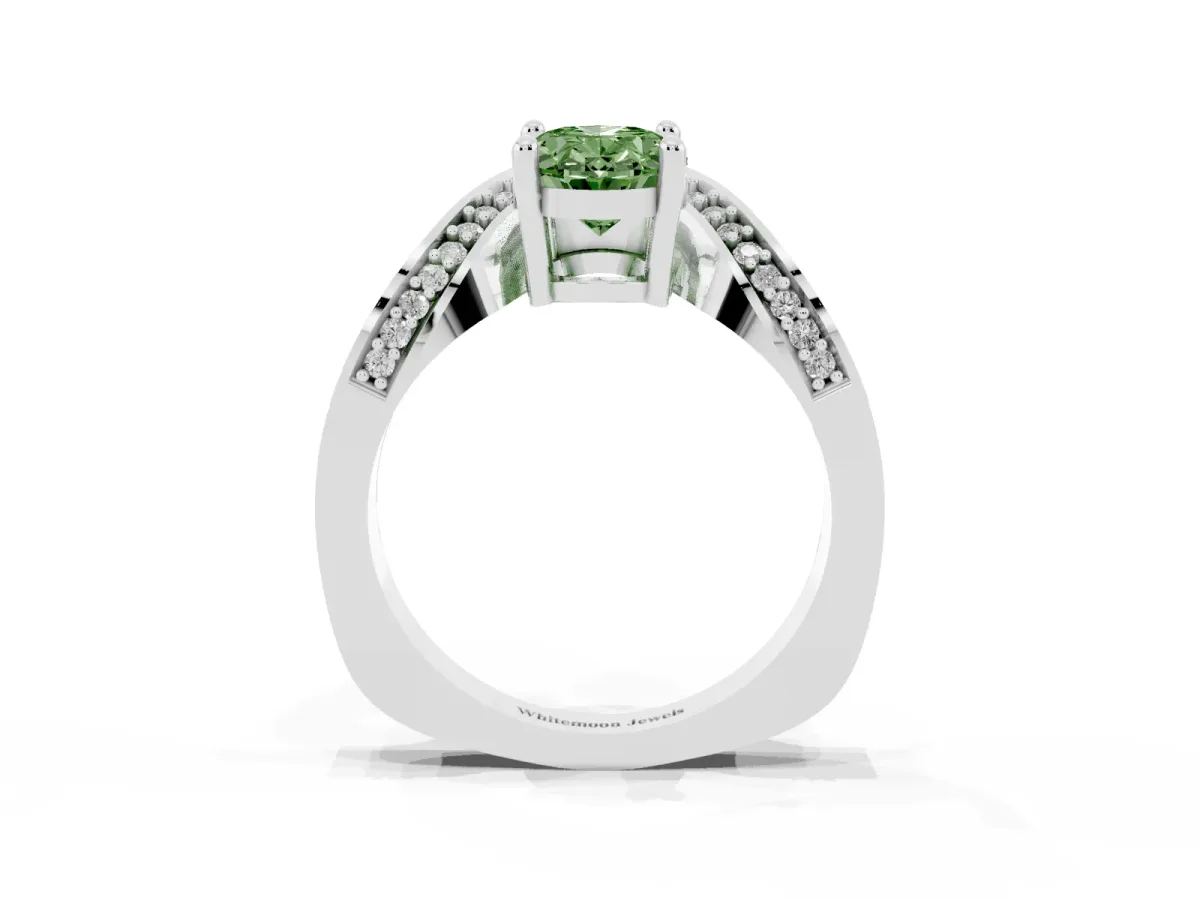 Fancy Green Oval Cut Solitaire Diamond Engagement Ring with Pave Band and Four-Prong Setting Platinum
