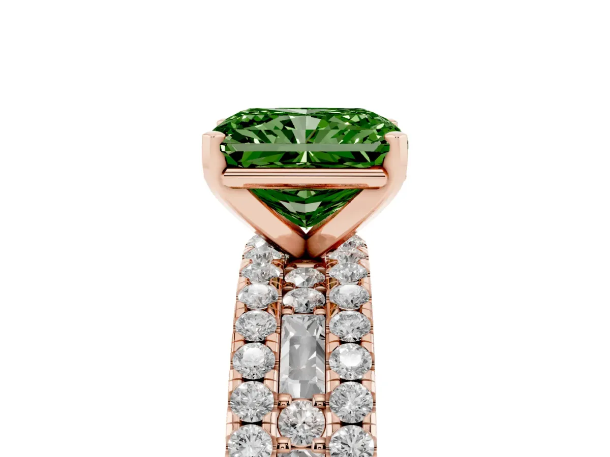 Fancy Green Radiant Cut Diamond Solitaire Ring with Pavé and Channel Set Band Rose gold