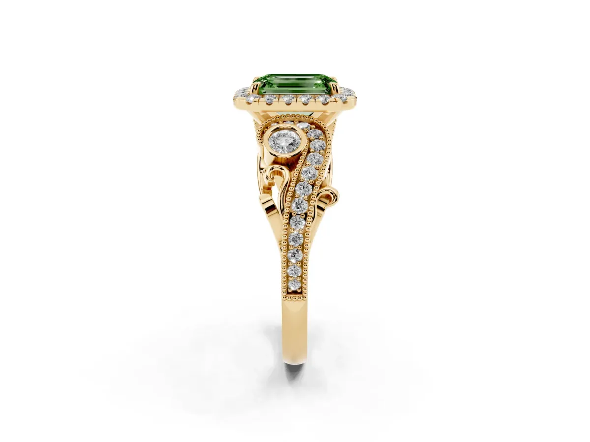 Fancy Green Emerald Cut Diamond Halo Ring with Milgrain Pavé Band and Four-Prong Setting Yellow gold
