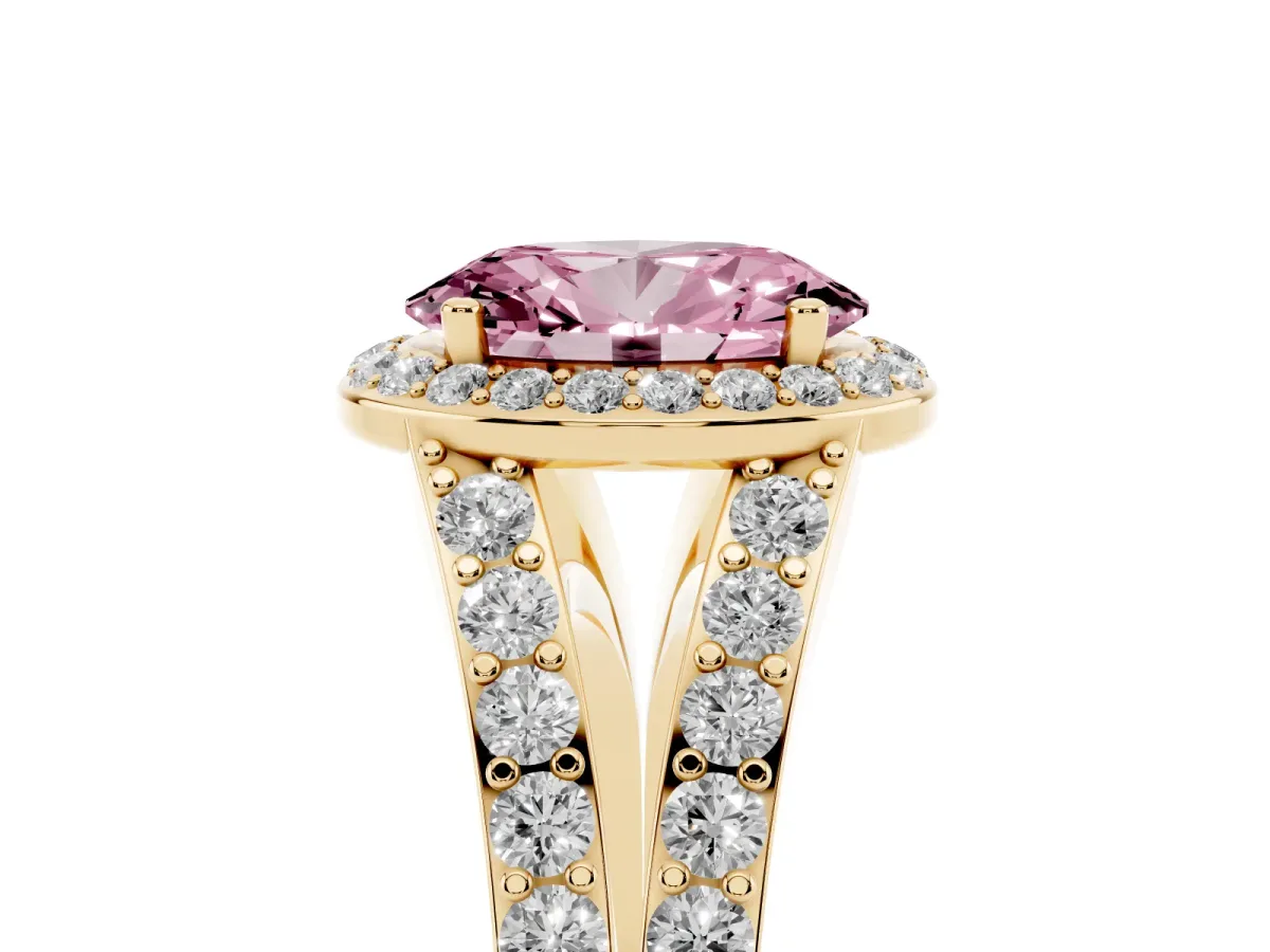 Fancy Pink Oval Cut Diamond Split Shank Halo Ring with Four-Prong Setting Yellow gold