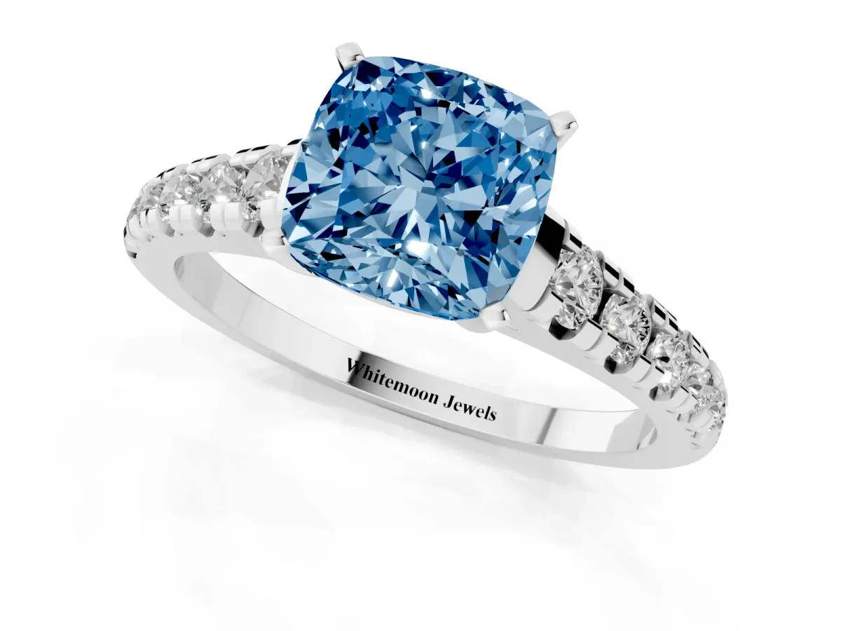 Fancy Blue Cushion Cut Diamond Cathedral Solitaire Ring with Round Pavé Band Silver