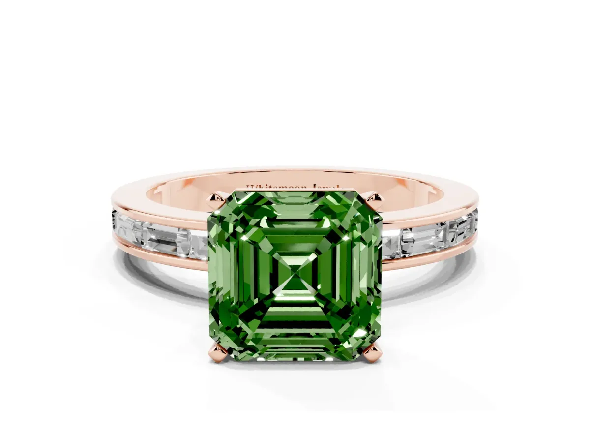 Fancy Green Asscher Cut Solitaire Diamond Ring with Channel-Set Baguette Band and Four-Prong Setting Rose gold