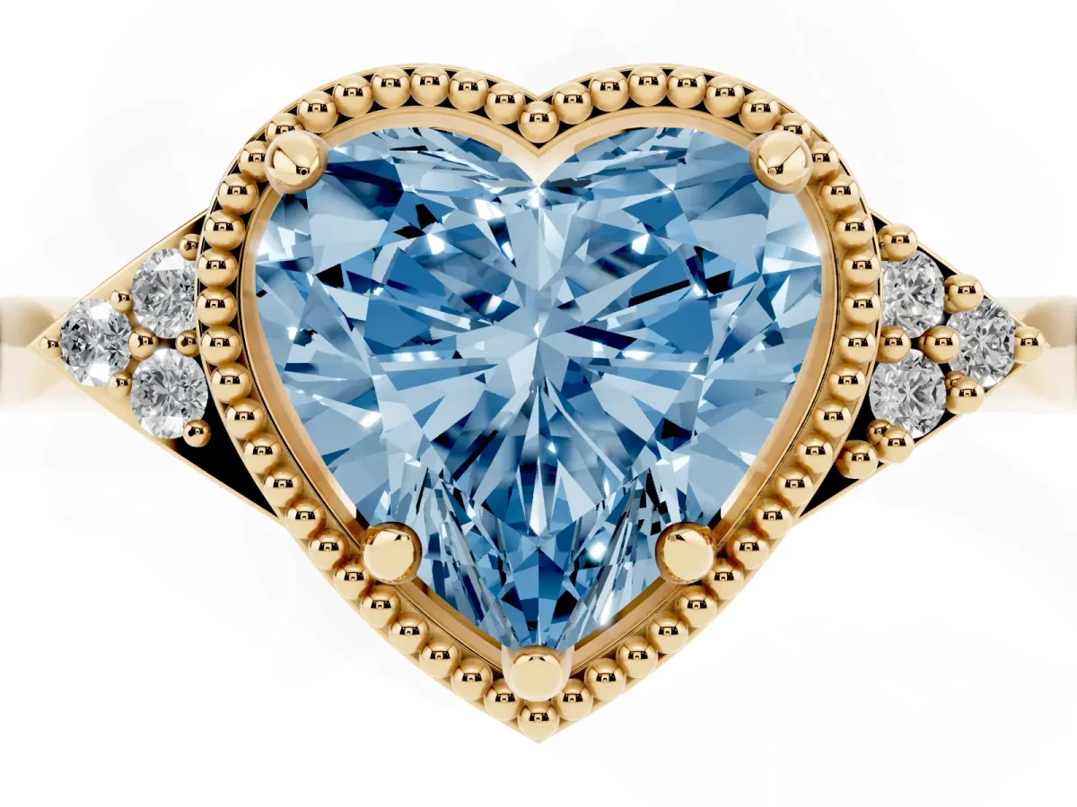 Fancy Blue Hexagonal Halo Heart Cut Diamond Solitaire with Pavé Band and Four-Prong Setting Yellow gold