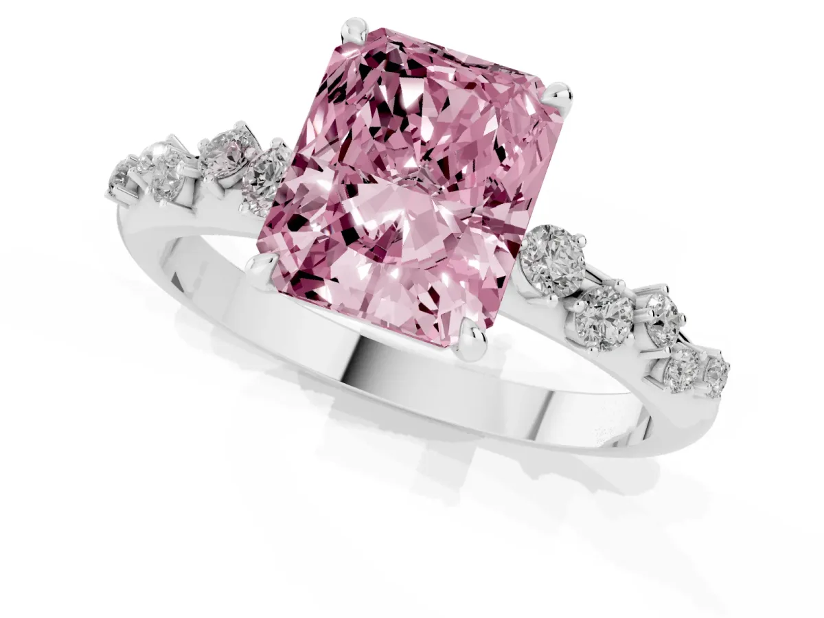 Fancy Pink Radiant Cut Diamond Cluster Prong-Set Solitaire Ring Silver