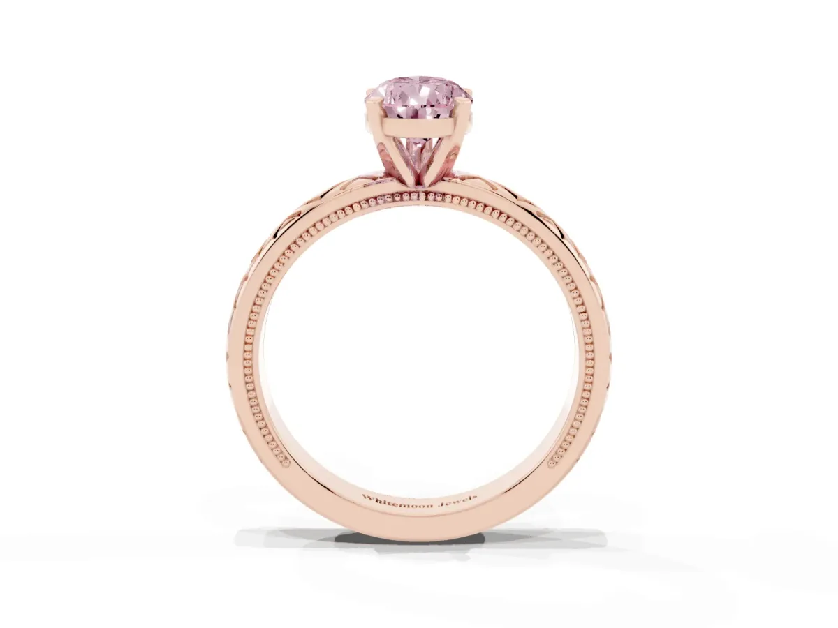 Fancy Pink Pear Cut Solitaire Diamond Ring with Milgrain and Black Enamel X Pattern Band Rose gold