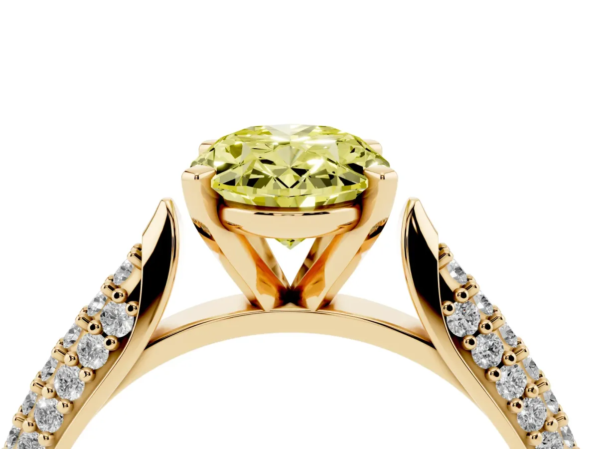 Fancy Yellow Oval Cut Diamond Solitaire Engagement Ring with Multi-Row Round Pavé Band and Prong Setting Yellow gold