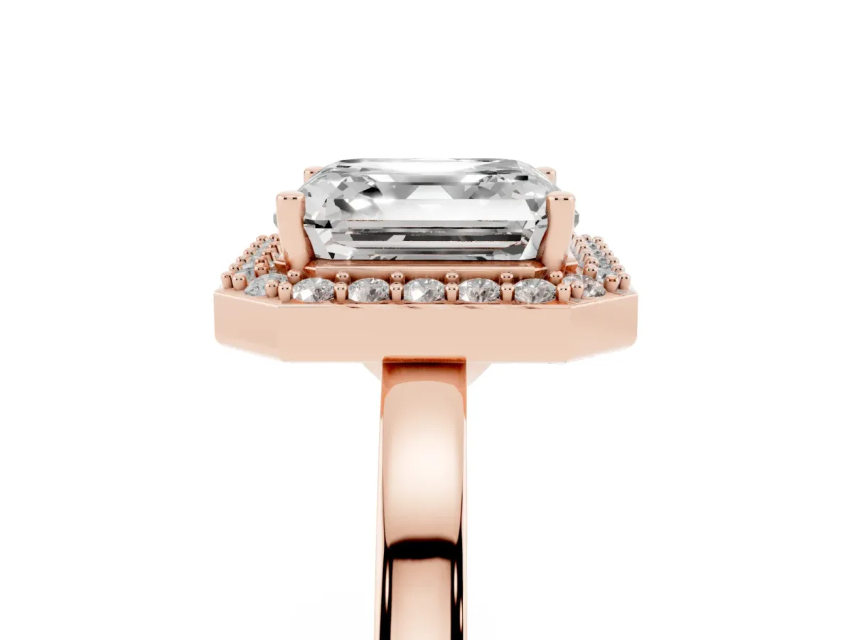 Asscher Cut Halo Diamond Ring with Solitaire Band and Prong Setting Rose gold