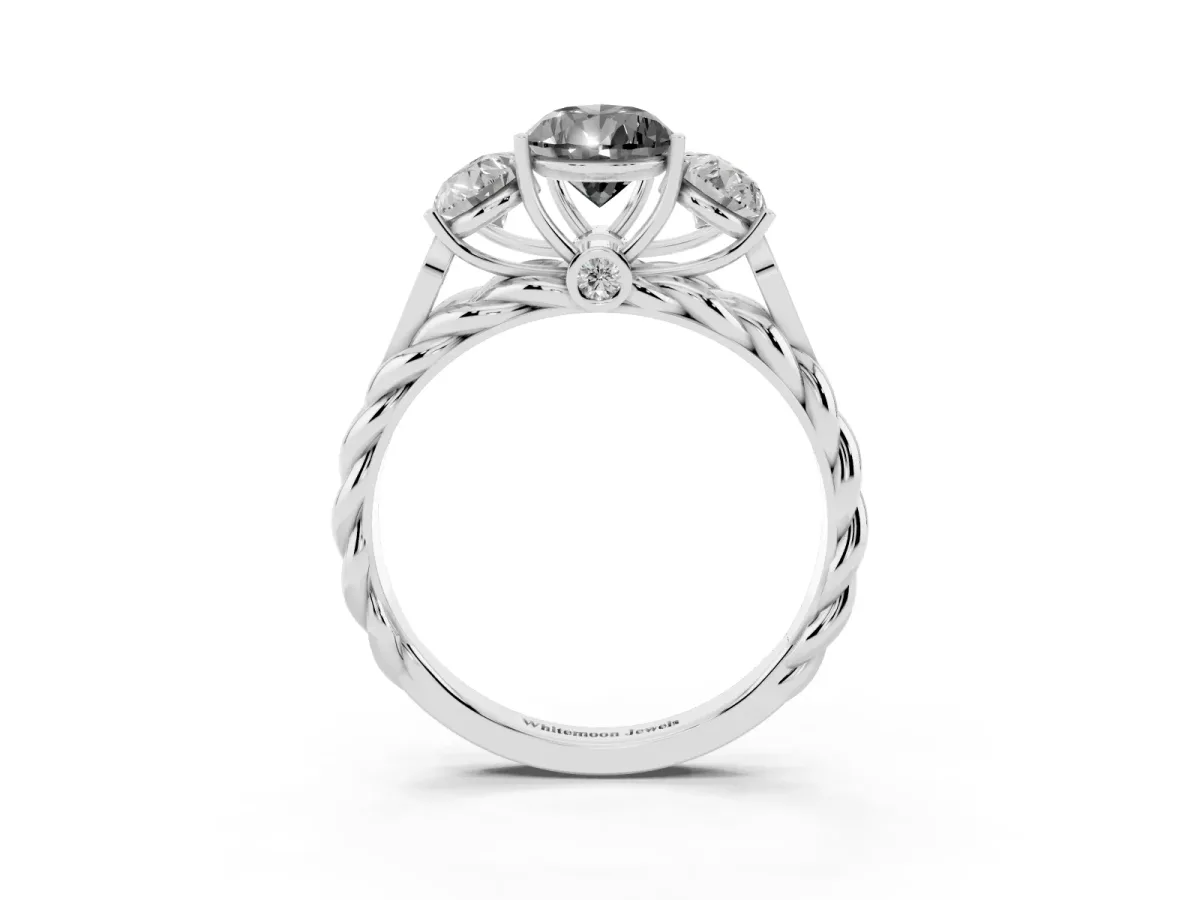 Fancy Black Three-Stone Pear Cut Diamond Braided Band Ring with Four-Prong Setting Silver