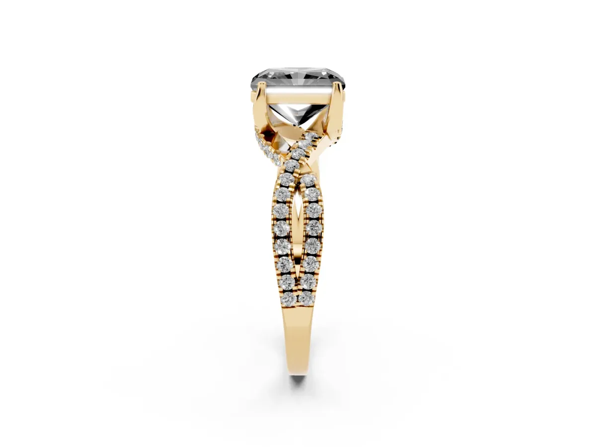 Fancy Black Radiant Cut Solitaire Twist Pave Diamond Engagement Ring with Prong Setting Yellow gold