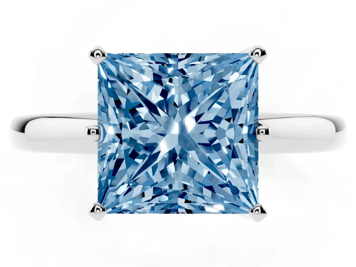 Fancy Blue Princess Cut Solitaire Diamond Ring with Six-Prong Setting on a Classic Band Silver