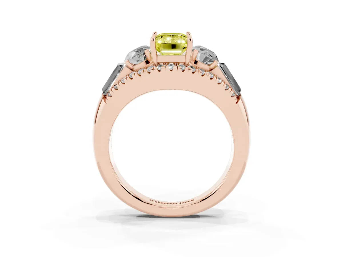 Fancy Yellow Three-Stone Emerald Cut Diamond Engagement Ring with Pave Band and Prong Setting Rose gold