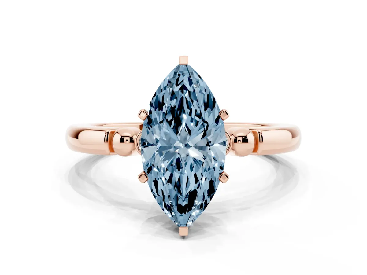 Fancy Blue Marquise Cut Solitaire Beaded Band with Four-Prong Setting Rose gold