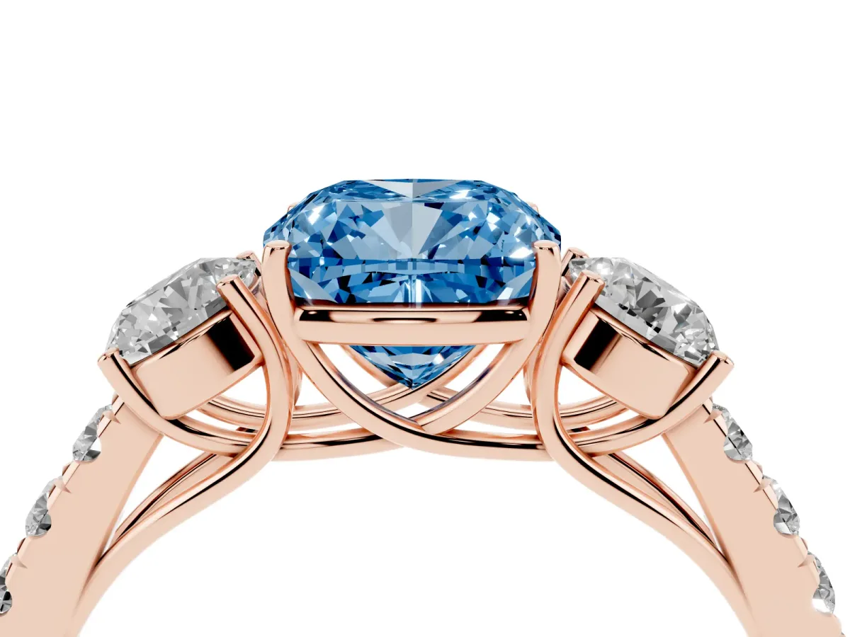 Fancy Blue Cushion Cut Cut Diamond Three-Stone Ring with Round Side Stones and Pavé Band Rose gold