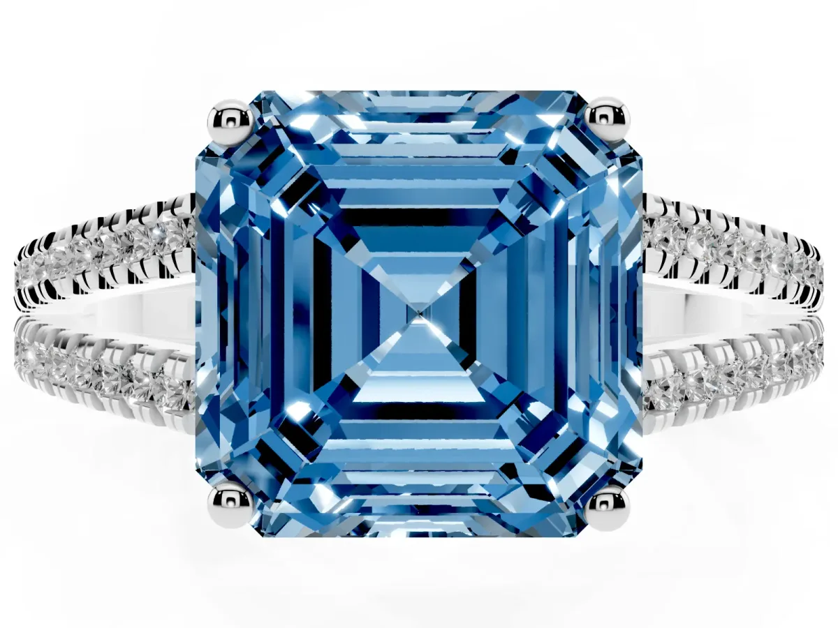 Fancy Blue Asscher Cut Diamond Solitaire Engagement Ring with Split Shank Pavé Band Platinum