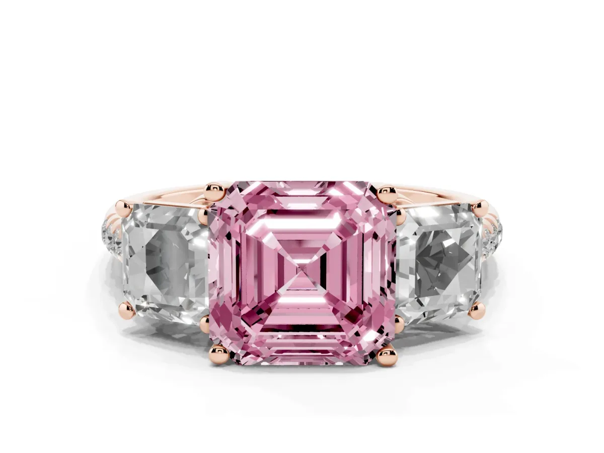Fancy Pink Three-Stone Asscher Cut Diamond Ring with Round Pavé Band and Prong Setting Rose gold