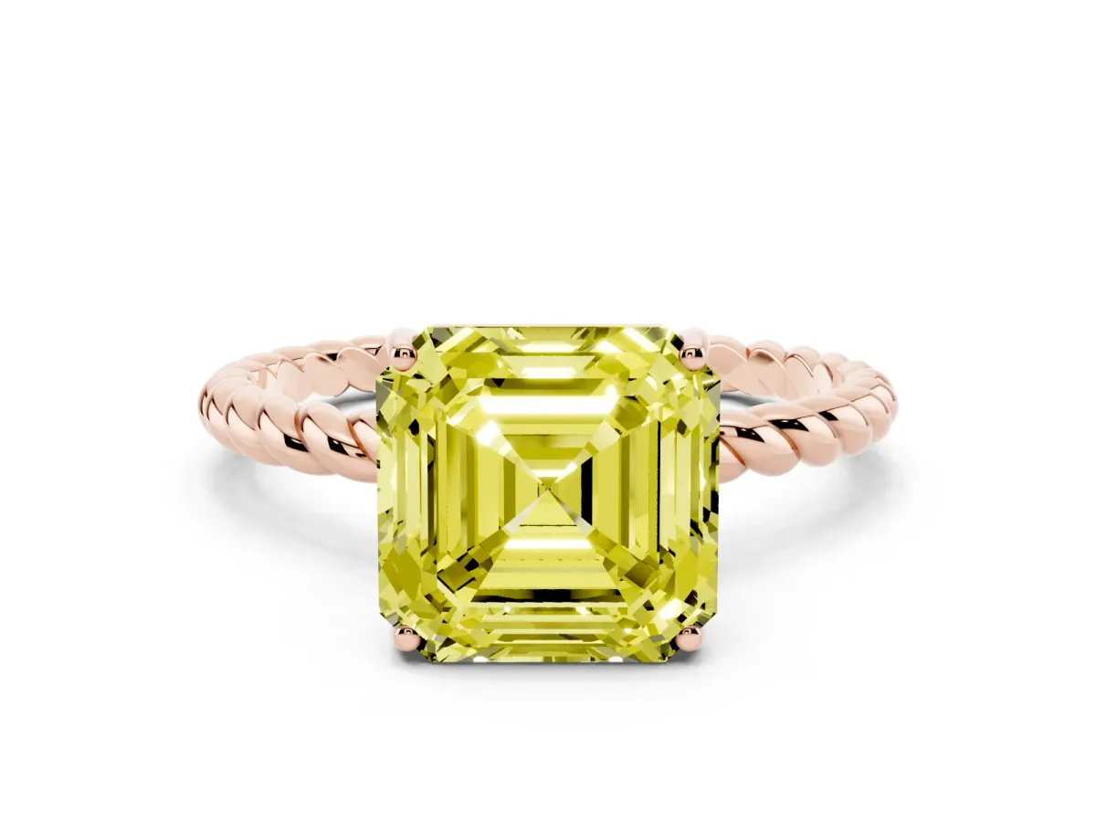 Fancy Yellow Asscher Cut Solitaire Twist Band Ring with Four-Prong Setting Rose gold