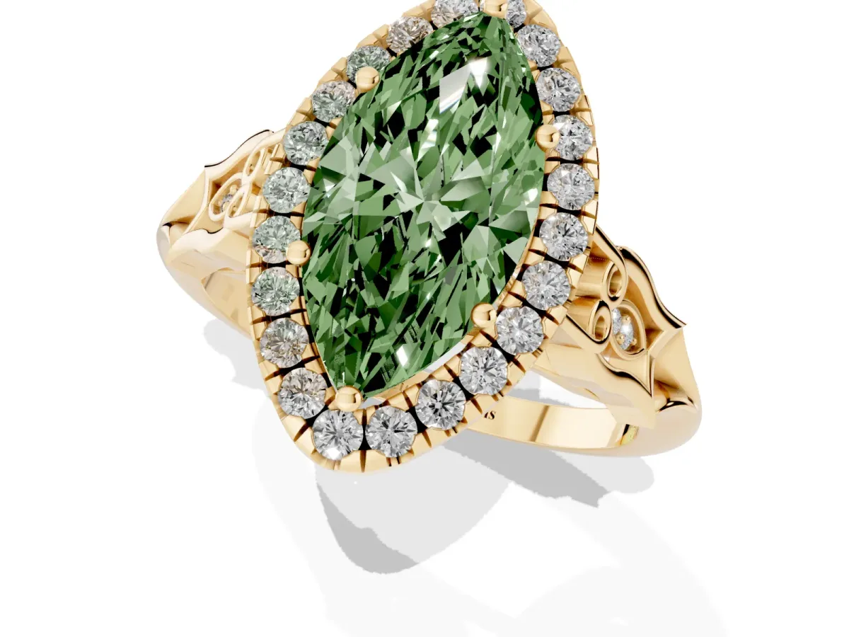 Fancy Green Marquise Cut Halo Diamond Engagement Ring with Filigree Band and Four-Prong Setting Yellow gold