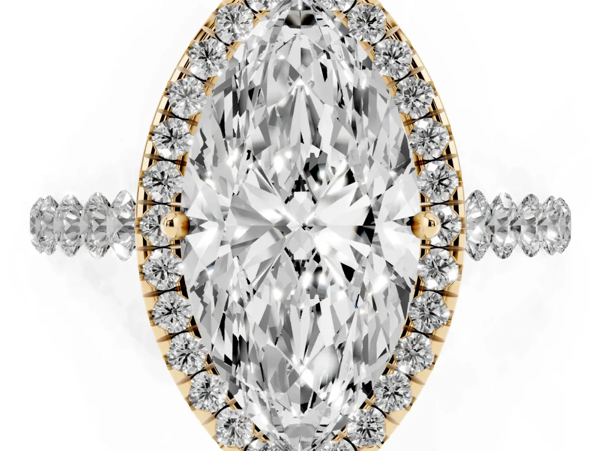 Marquise Cut Halo Pavé Diamond Engagement Ring with Four-Prong Setting Yellow gold