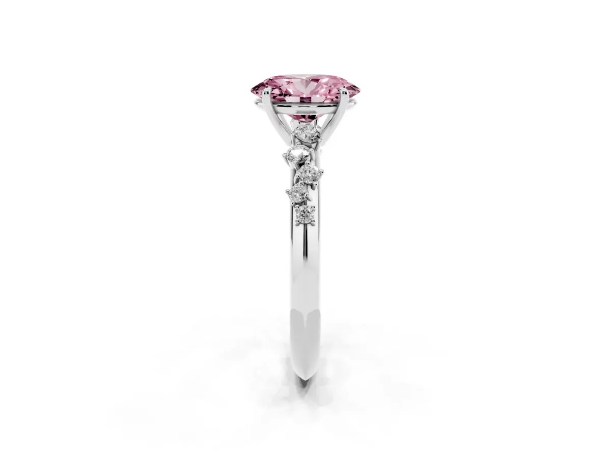 Fancy Pink Oval Cut Diamond Cluster Side Stone Solitaire Ring with Prong Setting Silver