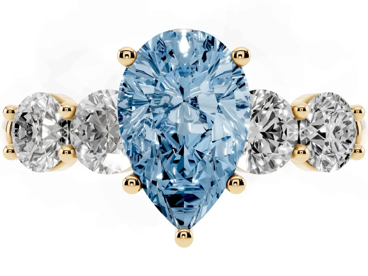 Fancy Blue Pear Cut Cut Five-Stone Prong Set Diamond Ring with Classic Band Yellow gold
