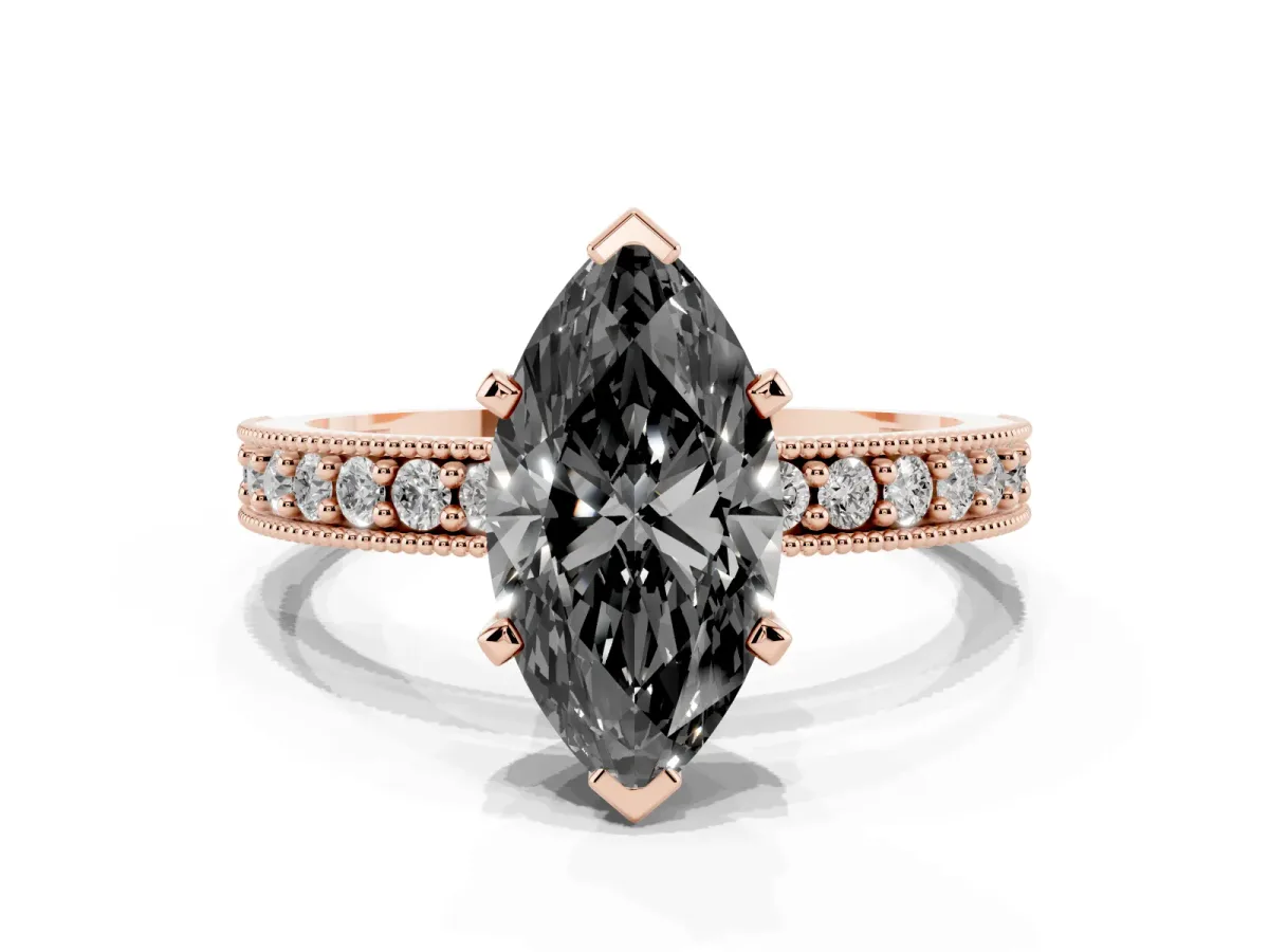 Fancy Black Marquise Cut Diamond Milgrain Pavé Engagement Ring with Four-Prong Setting Rose gold