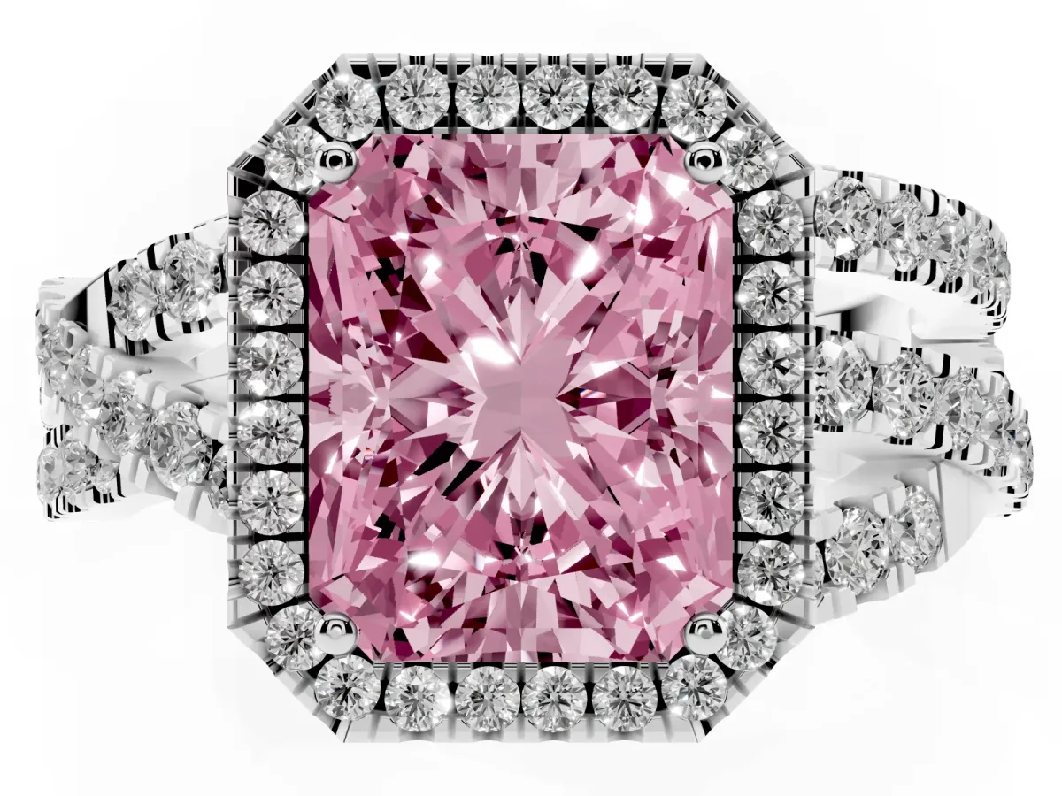 Fancy Pink Radiant Cut Diamond Halo Ring with Round Split Shank and Prong Setting Silver