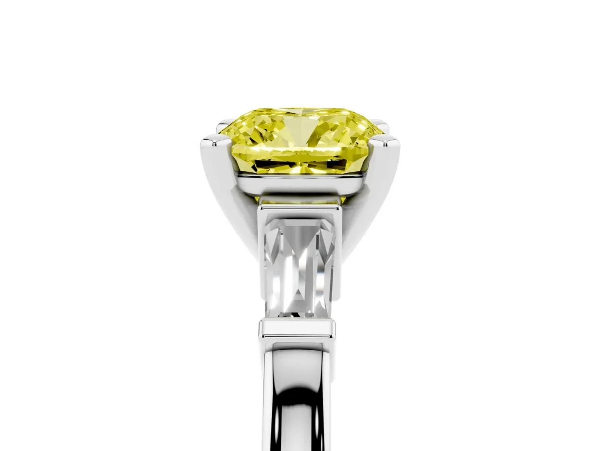 Fancy Yellow Cushion Cut Cut Diamond Solitaire Ring with Tapered Baguette Accents and Four-Prong Setting White gold