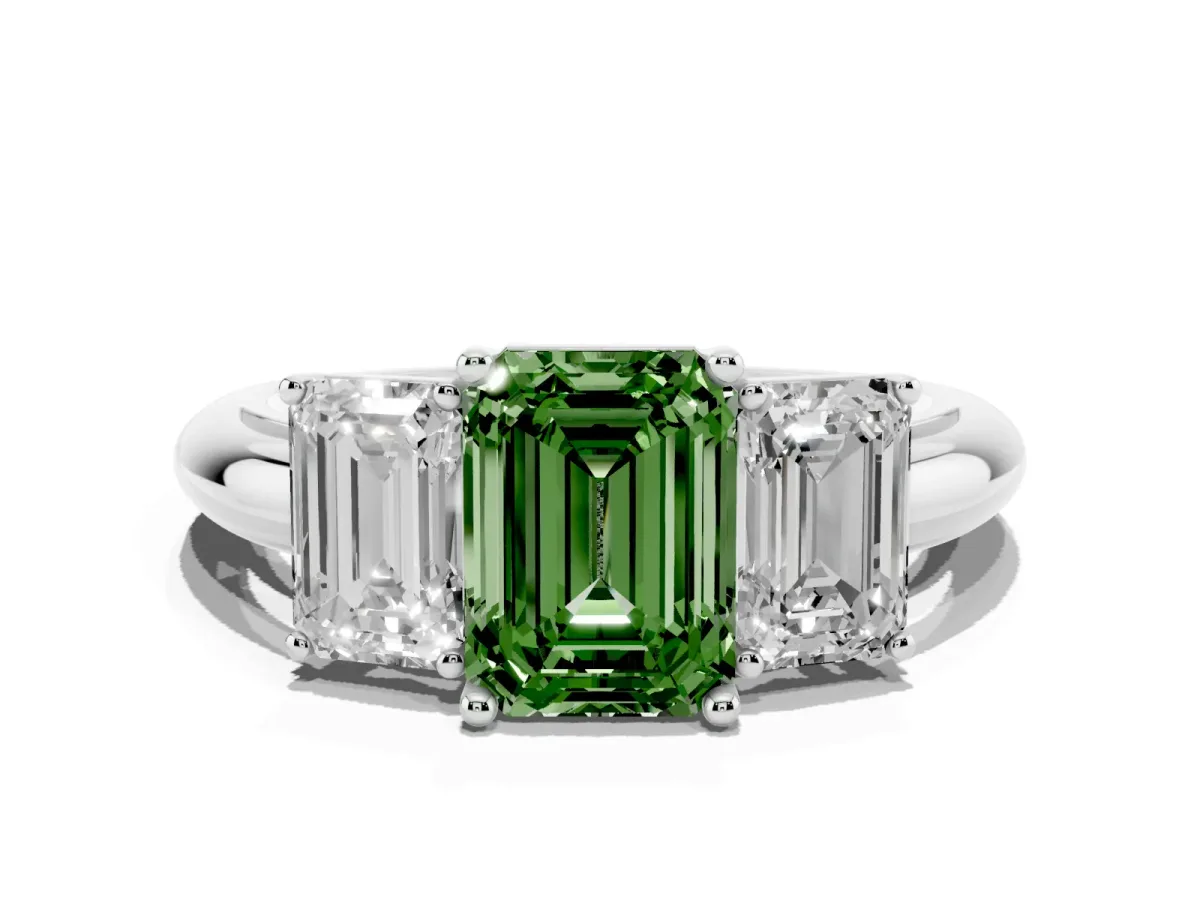 Fancy Green Three-Stone Emerald Cut Cut Diamond Engagement Ring with Prong Setting on a White Gold Band White gold