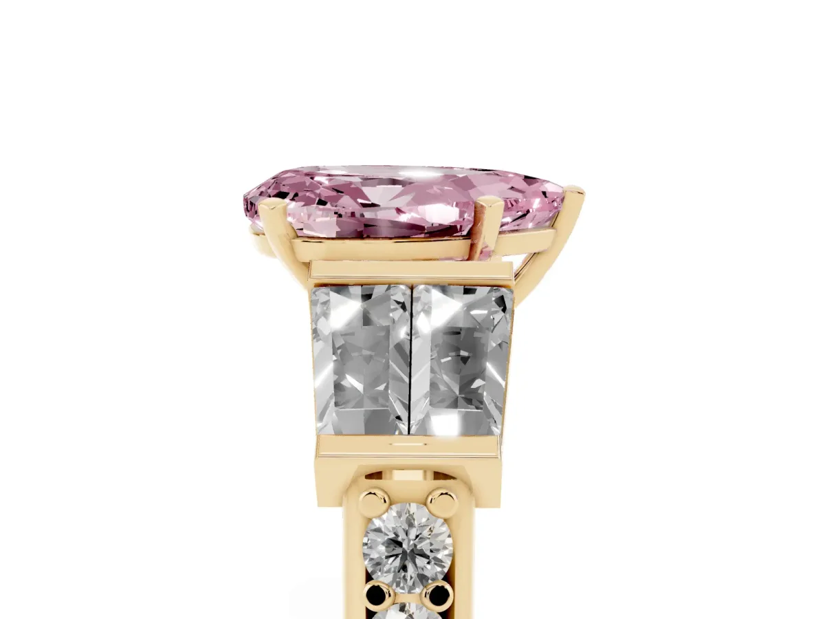 Fancy Pink Pear Cut Diamond Engagement Ring with Baguette Side Stones and Channel Set Band Yellow gold