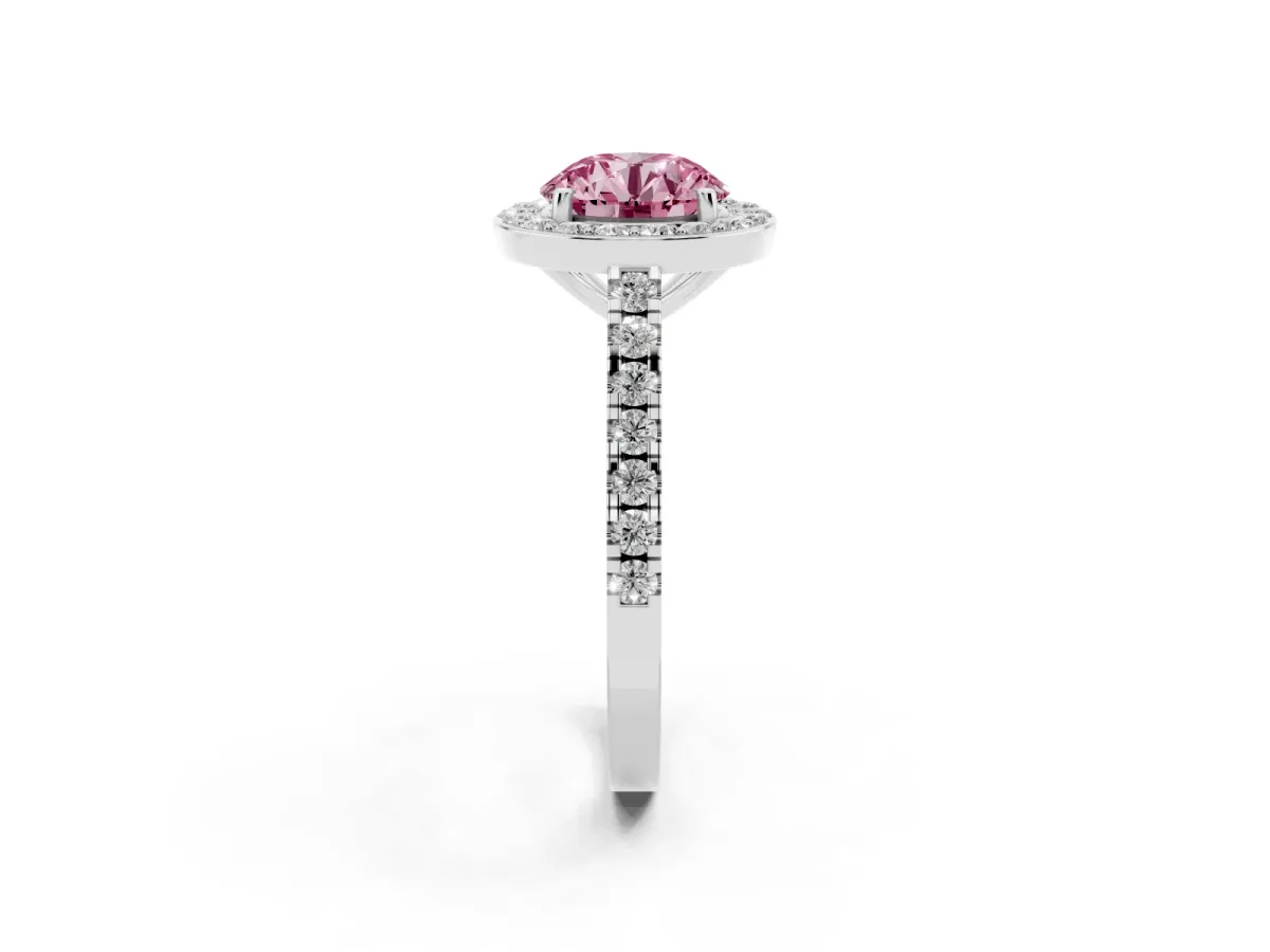 Fancy Pink Round Cut Diamond Halo Ring with Round Pavé Split Shank and Prong Setting Silver