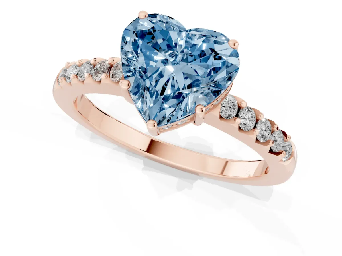 Fancy Blue Heart Cut Solitaire Diamond Engagement Ring with Pavé Band and Six-Prong Setting Rose gold