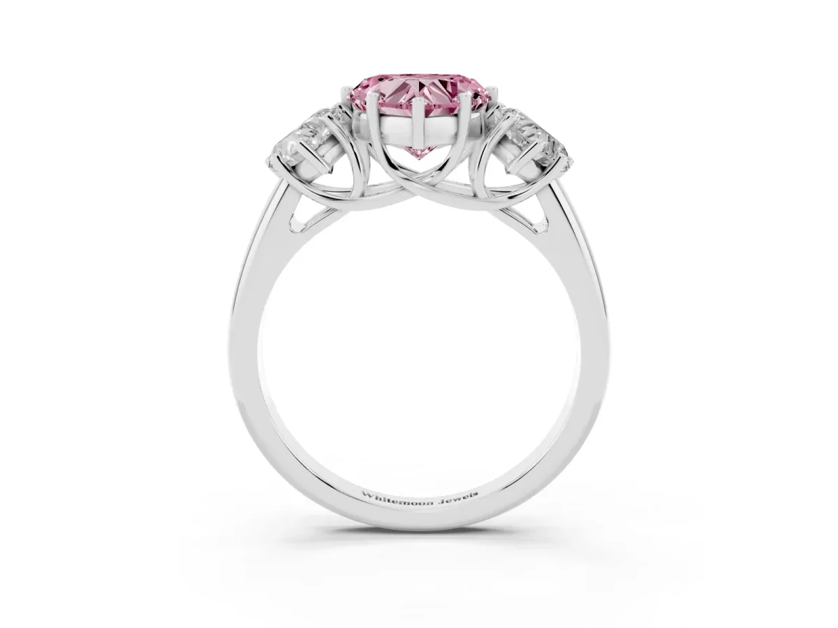 Fancy Pink Three-Stone Heart Cut Diamond Engagement Ring with Prong Setting Platinum