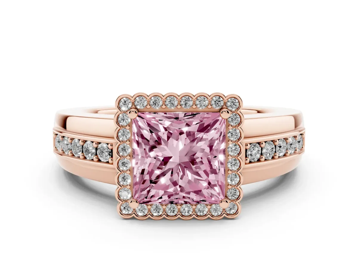 Fancy Pink Princess Cut Cut Halo Pave Band Four-Prong Ring Rose gold