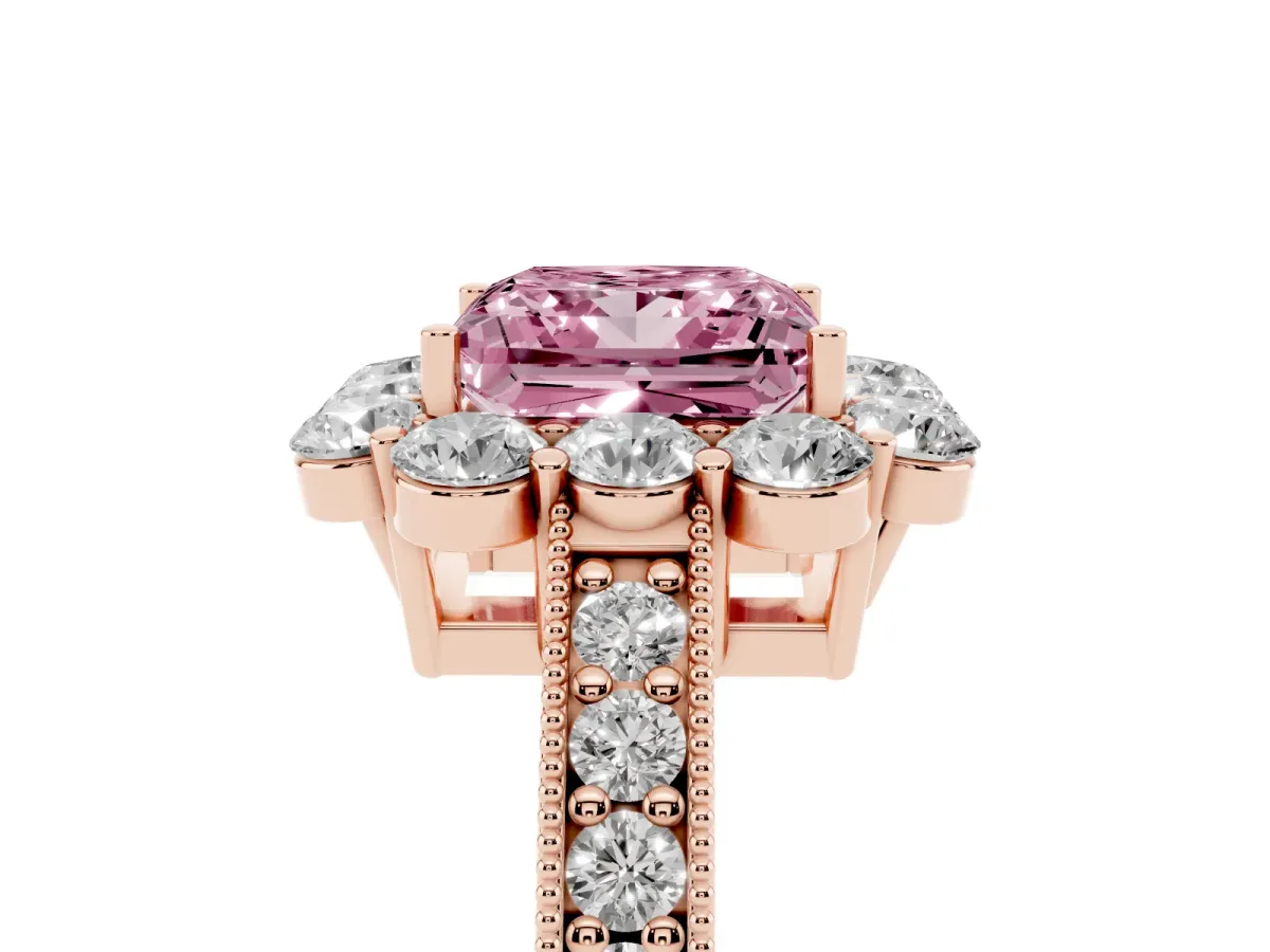 Fancy Pink Princess Cut Cut Halo Diamond Pavé Engagement Ring with Milgrain Detailing Rose gold
