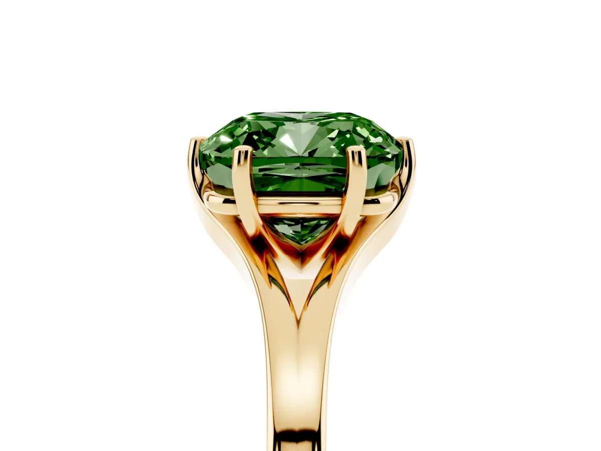 Fancy Green Cushion Cut Solitaire Diamond Ring with Six-Prong Setting and Tapered Band Yellow gold