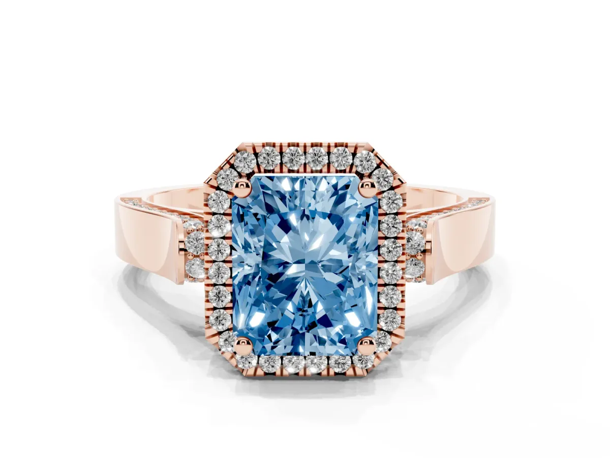 Fancy Blue Radiant Cut Halo Pave Split Shank Prong Setting Ring Rose gold