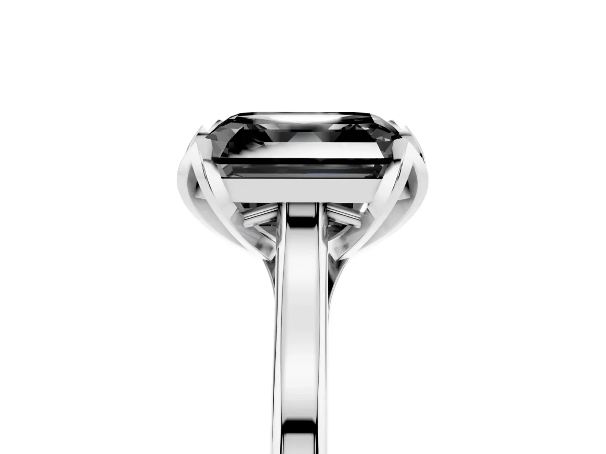 Fancy Black Asscher Cut Diamond Solitaire Ring with Flower Prong Setting and Classic Band Silver