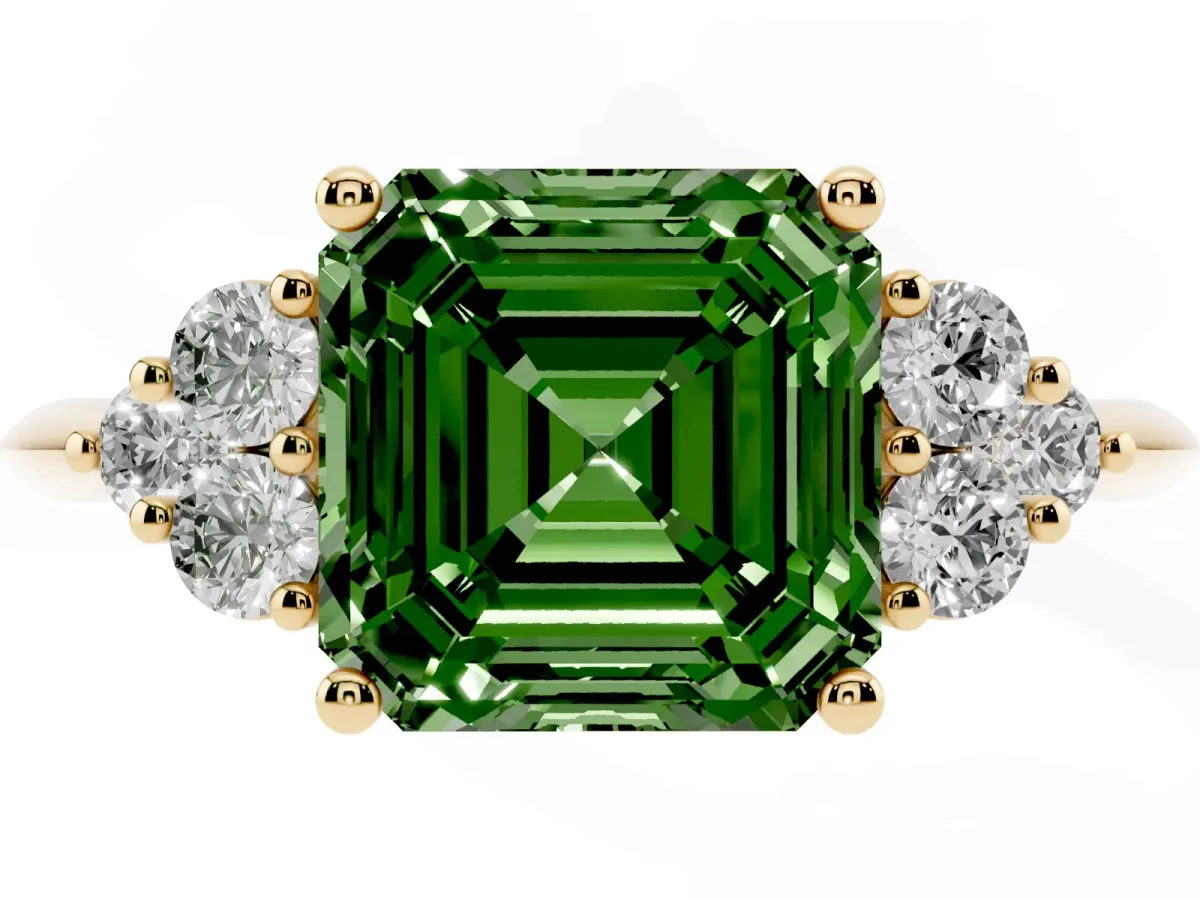 Fancy Green Asscher Cut Cut Diamond Cluster Ring with Solitaire Band and Four-Prong Setting Yellow gold