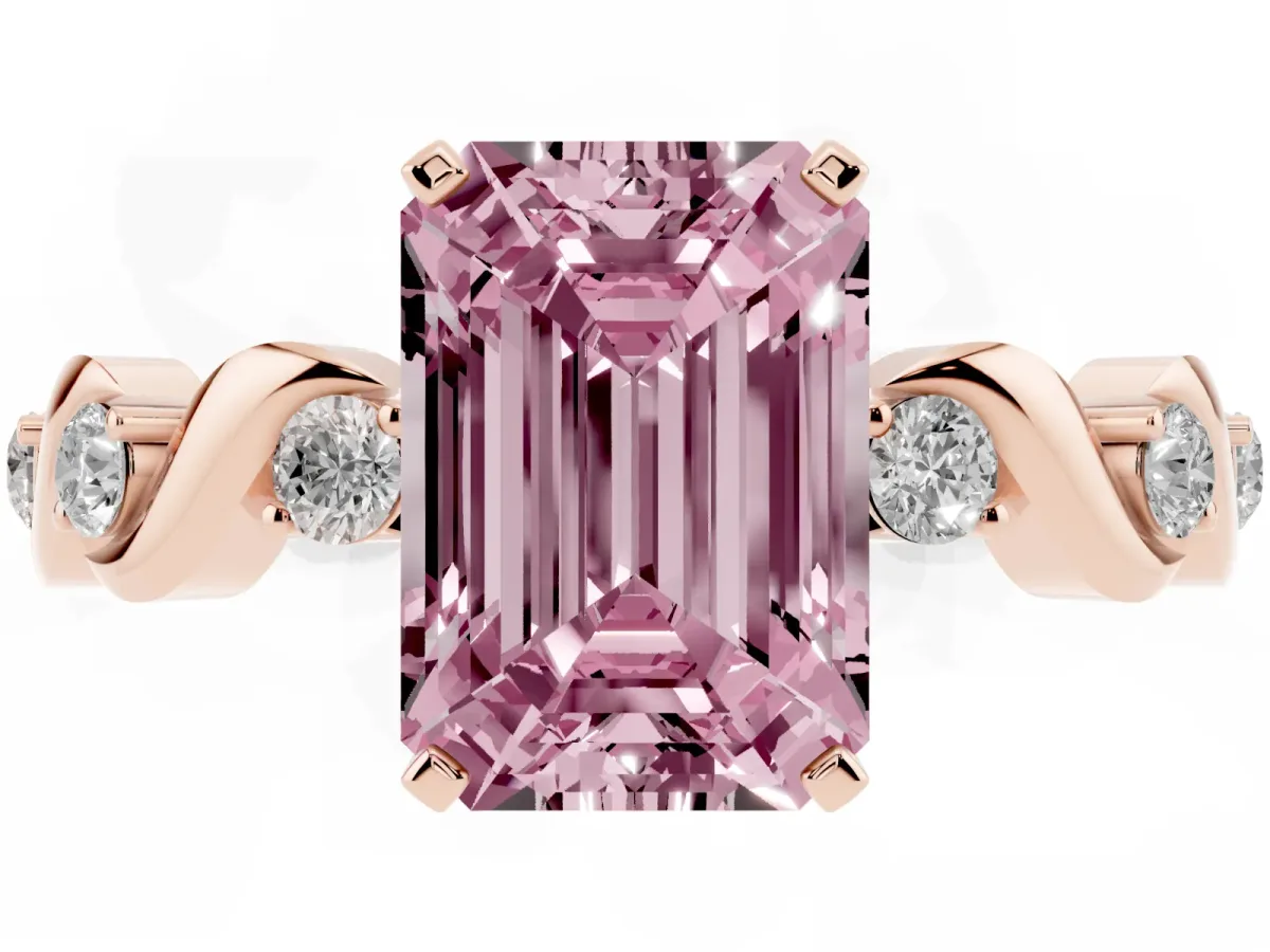 Fancy Pink Emerald Cut Diamond Solitaire Twisted Band with Round Accents and Prong Setting Rose gold