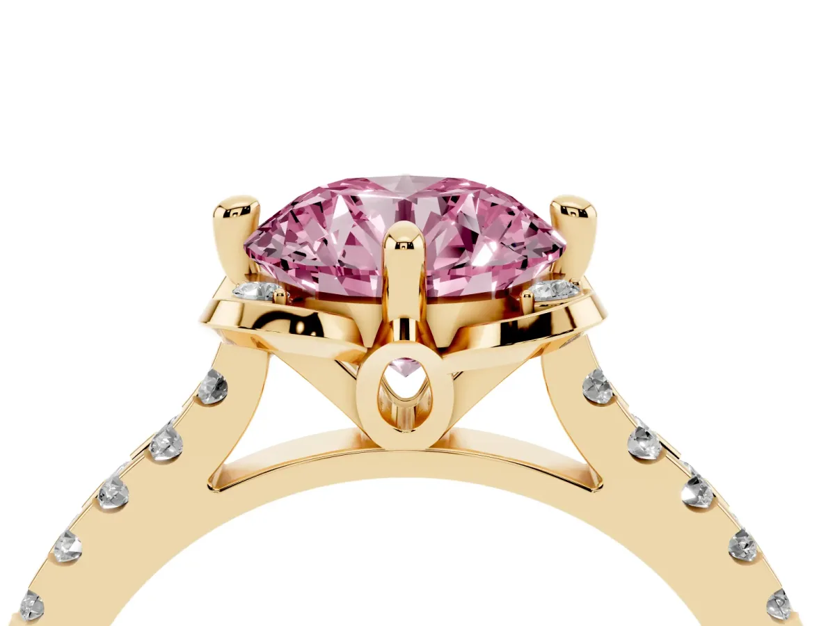 Fancy Pink Round Cut Diamond Ring with Pavé Band and Floral Prong Setting Yellow gold