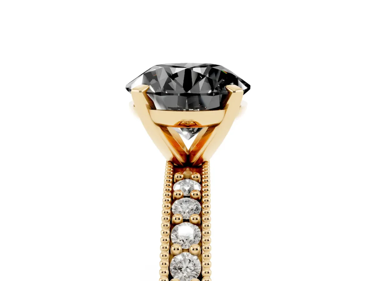 Fancy Black Round Cut Diamond Milgrain Pavé Engagement Ring with Four-Prong Setting Yellow gold