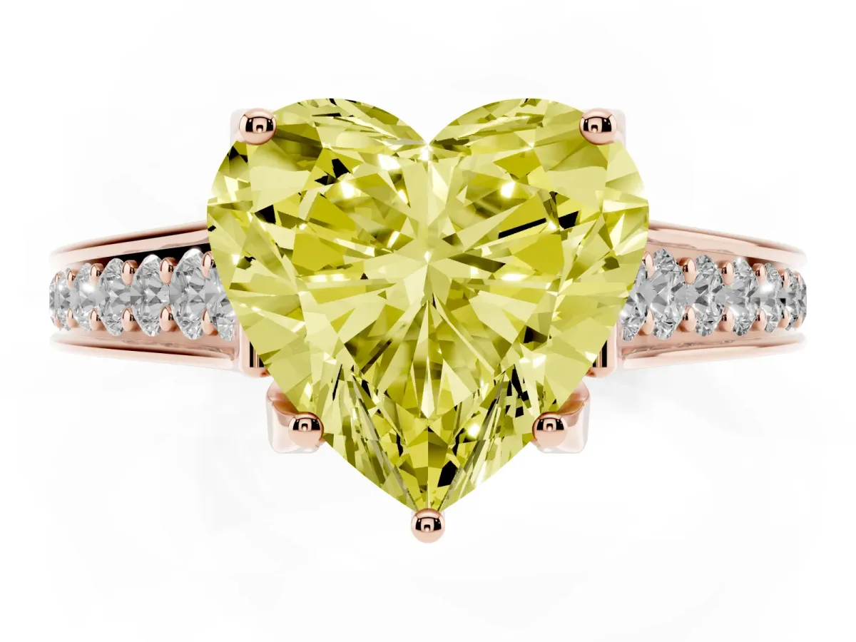 Fancy Yellow Heart Cut Brilliant Cut Diamond Engagement Ring with Pavé Band and Four-Prong Setting Rose gold