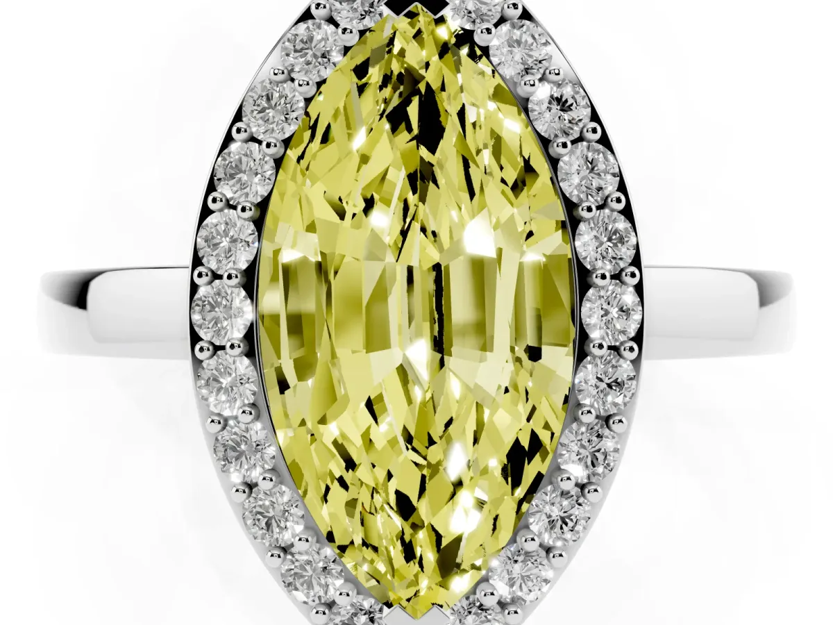 Fancy Yellow Marquise Cut Halo Diamond Ring with Solitaire Band and Prong Setting Silver