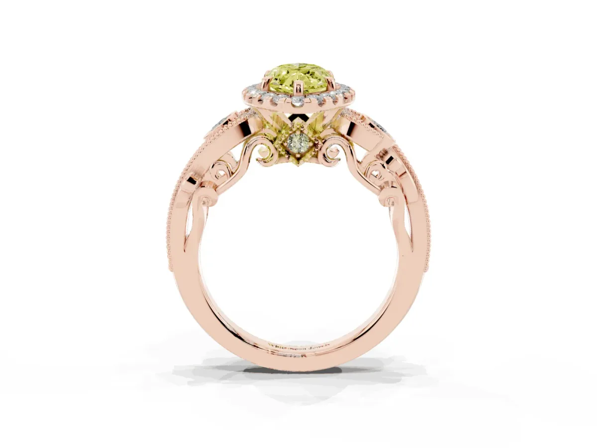 Fancy Yellow Marquise Cut Diamond Halo Ring with Milgrain Pavé Band and Four-Prong Setting Rose gold