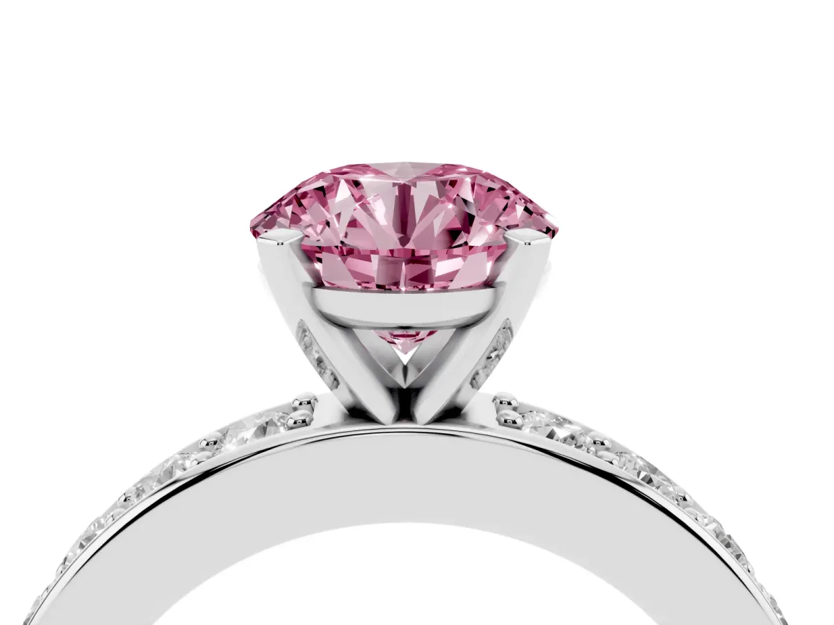 Fancy Pink Round Cut Diamond Engagement Ring with Channel Set Round Band and Prong Setting Silver