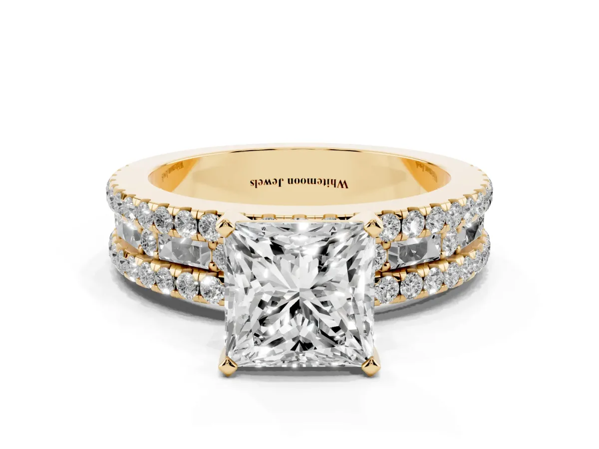Princess Cut Diamond Solitaire Ring with Pavé and Channel Set Band Yellow gold