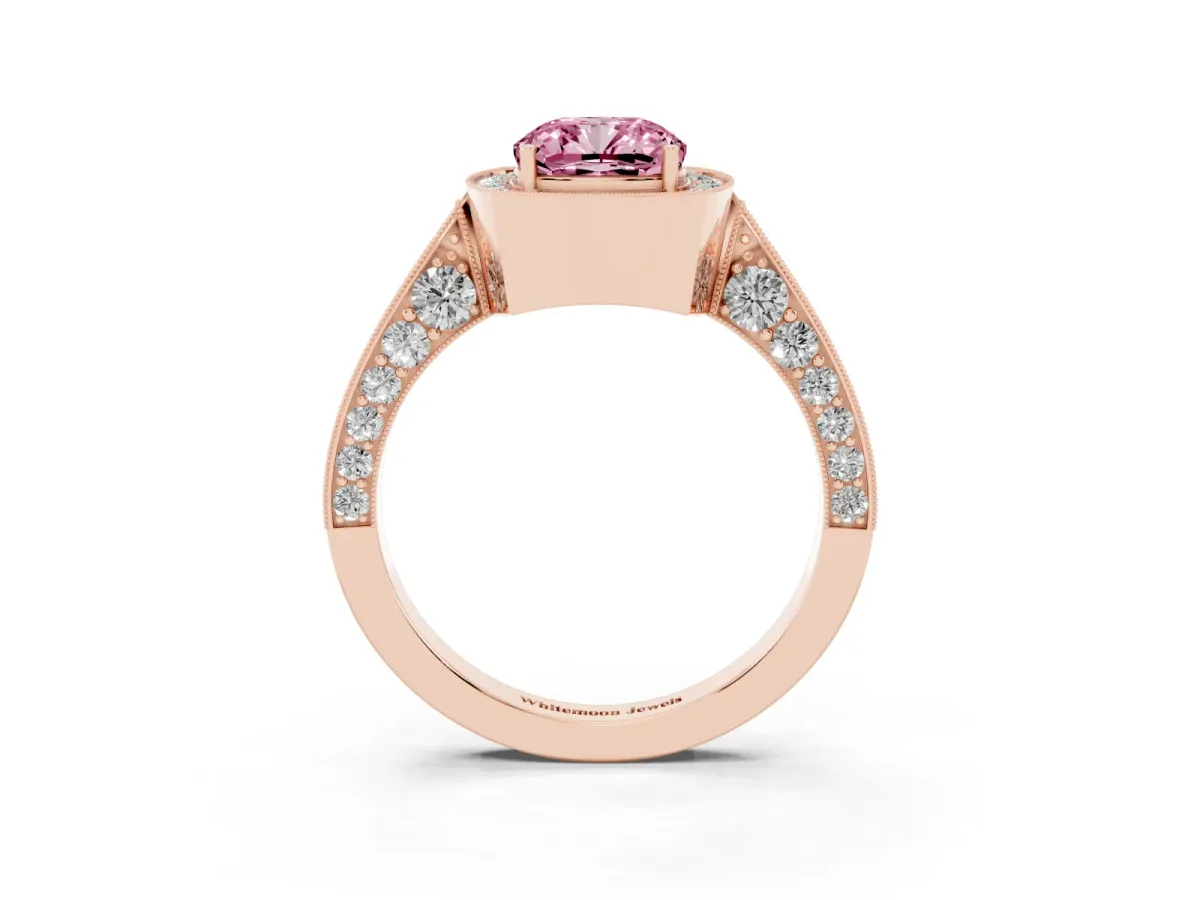Fancy Pink Cushion Cut Halo Diamond Engagement Ring with Split Shank Band and Four-Prong Setting Rose gold